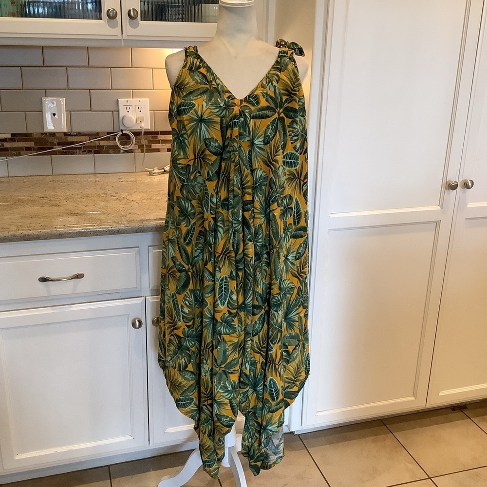 Chantique Hawaii Tropical Green Yellow Wide Leg Jumpsuit One Size Beach